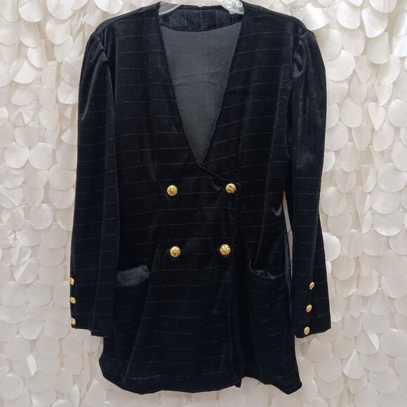 Velvet Jacket BLACK Blazer GOLD BUTTONS Deep V-neck Front Puff Shoulders Pockets - Picture 12 of 16